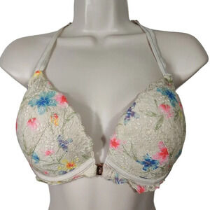 Victorias Secret Date Push Up Bra Women Size 34DD Ivory Floral Lace Underwire
